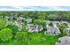 An aerial view showcasing homes next to a river, lush lawns, gardens, mature trees, and meticulous landscaping at 7110 Koldyke Dr, Fishers, IN 46038