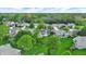 An aerial view displays homes near a river, featuring green lawns, gardens, and mature trees at 7110 Koldyke Dr, Fishers, IN 46038