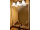 Bathroom with unique copper sink, wood countertop, and a classic lighting fixture above the mirror at 8912 Hosta Way, Indianapolis, IN 46113