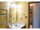A warm-toned bathroom, featuring a sink with a white countertop and a well-lit mirror at 107 Camelia Ct, Mooresville, IN 46158
