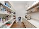Walk-in pantry features a stainless sink, open wood shelves for decor and plenty of storage on both sides at 11064 Hamilton Run, Zionsville, IN 46077