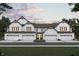 Striking new construction showing multi-Gathering white farmhouse with a brown roof, three car garage, and evening lighting at 12613 Morning Ridge Way, Noblesville, IN 46060