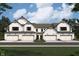 Striking new construction showing multi-Gathering white farmhouse with a brown roof and a three car garage at 12613 Morning Ridge Way, Noblesville, IN 46060