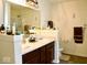Bathroom features double sinks with a large mirror, neutral-toned walls, and a shower in the background at 1831 Brook Crossing Way, Indianapolis, IN 46229