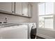 A well-lit laundry room with front load washer and dryer, light gray cabinets, and a bright window at 401 Jersey St, Westfield, IN 46074