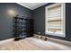 Stylish bedroom with navy walls and built-in shelving next to a window at 419 N College Ave, Indianapolis, IN 46202