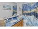 Stylish bathroom with blue countertop and a decorative shower curtain at 4195 Knollwood Ct, Franklin, IN 46131