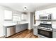 Updated kitchen features stainless steel appliances and two-tone cabinetry at 6837 W Burlington Dr, McCordsville, IN 46055