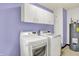 Well-lit laundry room with washer, dryer, storage cabinets, and a water heater in a modern-styled home at 1225 N Graham Ave, Indianapolis, IN 46219