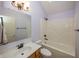 Bathroom with single sink, shower over bath and light purple walls at 1297 Morningside Dr, Greenfield, IN 46140