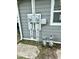 A close-up showing the home's utility meters attached to a gray exterior wall with white trim and a gutter at 1715 S Madison St, Muncie, IN 47302
