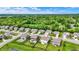 Panoramic aerial shot of a neighborhood featuring well-maintained homes, green spaces, and community amenities under a blue sky at 5580 Pintail Ln, Greenwood, IN 46143