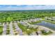 Wide aerial shot of a suburban neighborhood with well-kept houses, tree-lined streets, and a scenic lake at 5580 Pintail Ln, Greenwood, IN 46143
