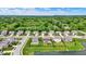 Overhead view of a suburban community showcasing houses with green lawns, mature trees, and a community pool at 5580 Pintail Ln, Greenwood, IN 46143