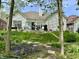 Landscaped backyard with a patio set, garden, and stepping stone path, framed by mature trees at 9653 Woodsong Way, Indianapolis, IN 46229