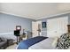 Comfortable bedroom features blue walls, white trim, and dedicated desk area for working from home at 10882 Camden Ct, Fishers, IN 46038