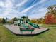 Green playground with slides, climbing structures, benches, and a wood chip groundcover, set against a blue sky at 11315 N Quillow Way, Monrovia, IN 46167
