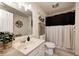 Bathroom featuring a vanity with a sink, toilet, and a shower with curtains at 1831 Whisperwood Trl, Danville, IN 46122