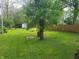 Fenced in backyard with a brick fireplace and shed at 2855 Walker Ave, Indianapolis, IN 46203