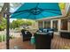 Outdoor patio area featuring wicker furniture, a large umbrella, and views of the landscaped backyard at 4619 Allen Dr, Carmel, IN 46033