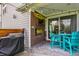 Covered patio with overhead lights, brick fireplace, turf rug, and Traeger grill at 7218 Antiquity Dr, Carmel, IN 46033