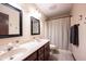 Bathroom featuring double sinks, mirrors, and a shower with a gray and white curtain at 7626 Timber Springs S Dr, Fishers, IN 46038