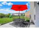 Backyard featuring a patio set with a red umbrella, a small decorative mulched area and lake views at 9557 W Lantern Ln, Pendleton, IN 46064
