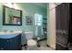 Cozy full bathroom with a vanity and a shower featuring white subway tile at 9579 N Fortville Pike, Fortville, IN 46040