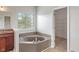 Bright bathroom featuring a soaking tub with a view and a walk-in closet at 13553 Lorenzo Blvd, Carmel, IN 46074