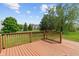 Wood deck with railing overlooks the manicured lawn and mature trees at 13553 Lorenzo Blvd, Carmel, IN 46074