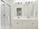 Modern bathroom featuring double vanity, contemporary mirrors, and a tiled shower at 1434 Laurel St, Indianapolis, IN 46203
