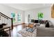 Bright living room with hardwood floors, gray sofa, modern art, and natural light at 1434 Laurel St, Indianapolis, IN 46203