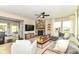 Inviting living room with a stone fireplace, plush seating, and lots of natural light at 15378 Dorman Ct, Fishers, IN 46040