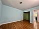 Light blue bedroom featuring hardwood floors and a spacious closet with bright green walls at 1760 Pumpkinvine Hill Rd, Martinsville, IN 46151
