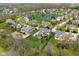 Panoramic aerial view showcases a property with a lush lawn, patio, and neighborhood landscape at 1787 Halifax St, Carmel, IN 46032