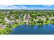 Scenic aerial view of a residential neighborhood with lush trees and a tranquil lake at 5521 Salem N Dr, Carmel, IN 46033