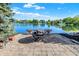 Beautiful water view with a cozy fire pit on a brick patio at 5521 Salem N Dr, Carmel, IN 46033