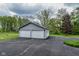 A two-car detached garage with a gray facade and white doors, set on an expansive asphalt driveway at 8944 W 21St St, Indianapolis, IN 46234