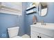 Cozy half bathroom with a white vanity, stylish shelves, a mirror, and blue painted walls at 925 S State Ave, Indianapolis, IN 46203