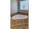 Corner bathtub with decorative tile, next to window with glass blocks at 12551 Hawks Landing Dr, Fishers, IN 46037