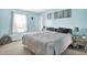 Bedroom with light blue walls and carpet flooring, features a bed, window, and mirrored bedside table at 12984 Shandon Ln, Fishers, IN 46038