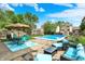 Inviting backyard with a refreshing pool, a dining set under an umbrella, and comfortable seating area for relaxation at 12984 Shandon Ln, Fishers, IN 46038