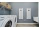 Laundry room featuring washer, dryer, shelving and modern fixtures at 13355 Seven Springs Ln, Noblesville, IN 46060