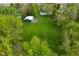 Aerial shot of home, garage, large storage shed, and surrounding lot at 1425 E Us Highway 40, Clayton, IN 46118