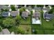 Aerial view displays houses with green lawns, a swimming pool, backyard furniture, and neighborhood streets at 18247 Kinder Oak Dr, Noblesville, IN 46062
