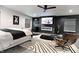 Contemporary main bedroom with a sleek fireplace, modern furniture, and stylish decor at 3401 W Kessler Blvd N Dr, Indianapolis, IN 46222