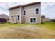 The backyard of this tan home features a walkout, multiple windows, and newly laid grass seed at 4075 Persian St, Greenwood, IN 46143