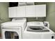 Bright laundry area with white front-loading washer and dryer, white cabinets, and green wall at 6505 Miramar Ct, Indianapolis, IN 46250