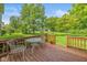 Exterior deck with patio furniture overlooking an expansive lawn and mature trees in the backyard at 6530 Kingswood Dr, Indianapolis, IN 46256