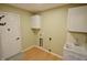 Functional laundry room with utility sink, cabinets, and access door at 11850 Stepping Stone Dr, Fishers, IN 46037